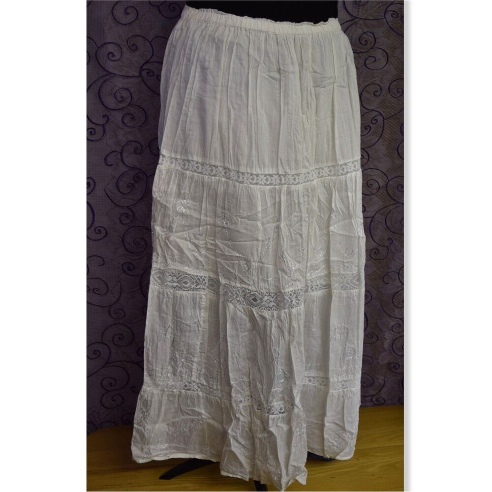 Tokyo Denim Bank Womens White Maxi Skirt Y2K Womens Sz Large Cotton Tiered Lace